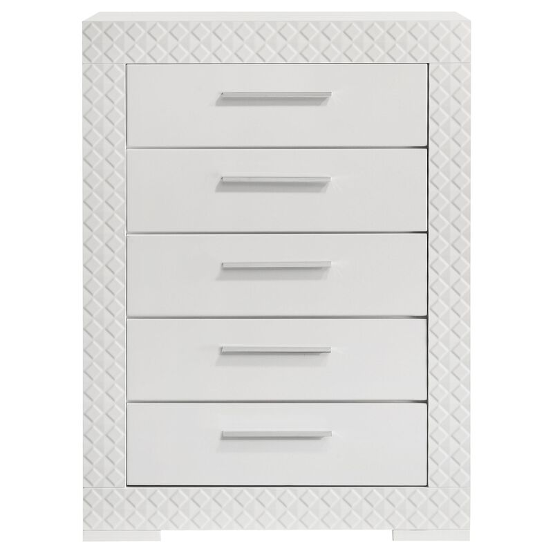 Ivon Tall Dresser Chest, 5 Drawers, Modern Glossy White Solid Hardwood - Benzara
