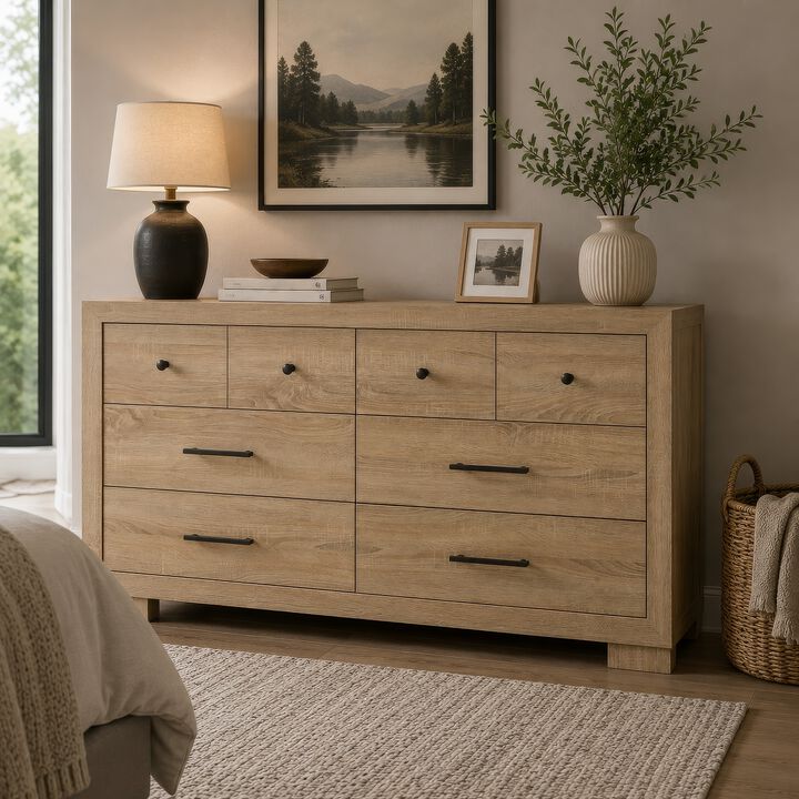 Poxy Wide Dresser with 6 Drawers, Nickel Metal, Oak Brown Wood