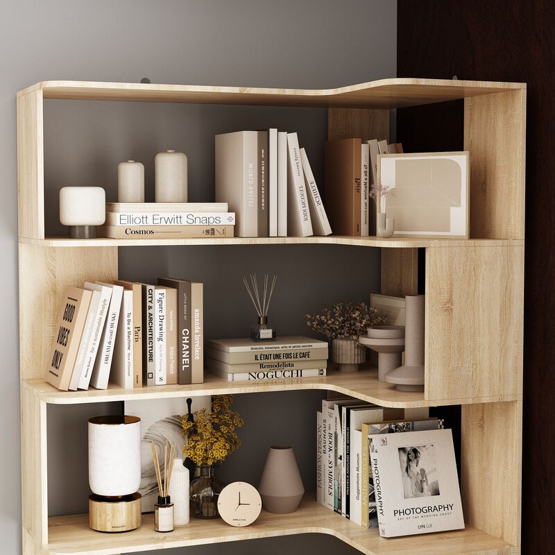 35.4 in. Wide Bright Wood Grain 7-Shelves Accent Bookcase, Open Back Bookshelf, Corner Bookcase (82 in. H x 23.6 in. D)