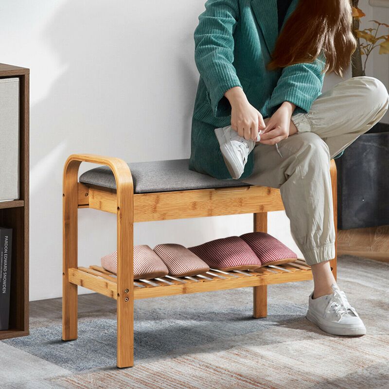 Shoe Rack Bench Bamboo with Storage Shelf-Natural