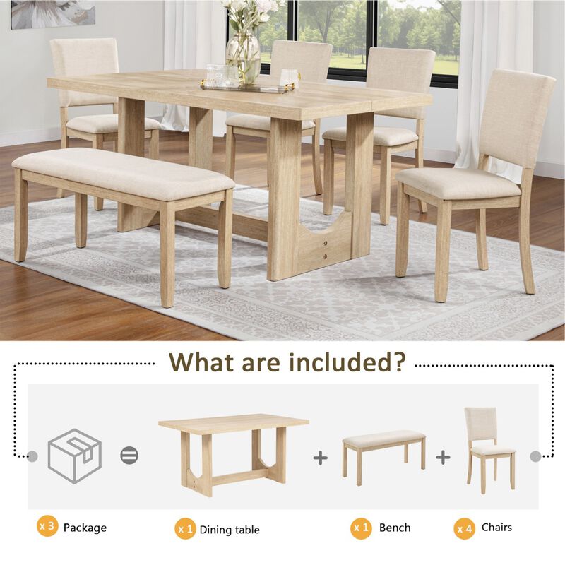 6 Piece Dining Table Set with Bench, rectangular dining table set with bench and 4 chairs, modern wooden dining table set for kitchen image number 3