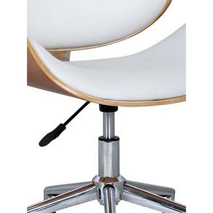 23 Inch Swivel Office Chair, Curved Wood Seat and Back, White Faux Leather - Benzara