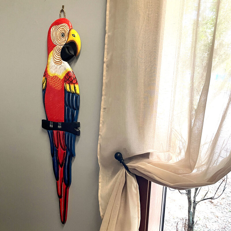 Wood Parrot Wall Decor 38" Hand-Carved Macaw Sculpture Tropical Bird Art image number 8