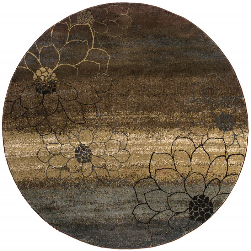 8 Brown Round Floral Power Loom Stain Resistant Area Rug