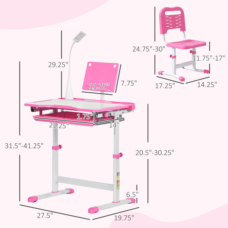 Qaba Kids Desk and Chair Set with Tilt Desktop, Storage Drawer, Pink