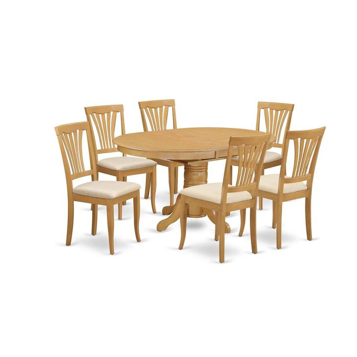 7Pc Dining Set – Oval Kitchen Table with Butterfly Leaf and 6 Linen Fabric Upholstered Chairs