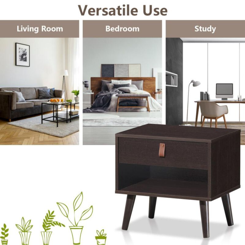 Hivvago Nightstand Bedroom Table with Drawer Storage Shelf-Brown