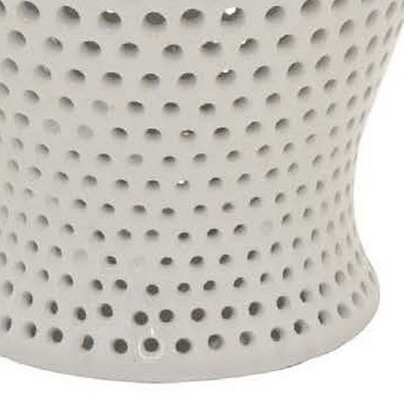Deni 19 Inch Ginger Jar, Small Carved Cutout Lattice, Removable Lid, White - Benzara