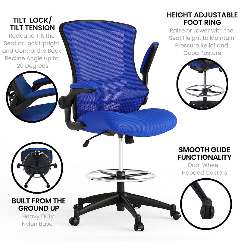 Flash Furniture Kelista Mid-Back Blue Mesh Ergonomic Drafting Chair | Adjustable Foot Ring, Flip-Up Arms | Comfort and Productivity