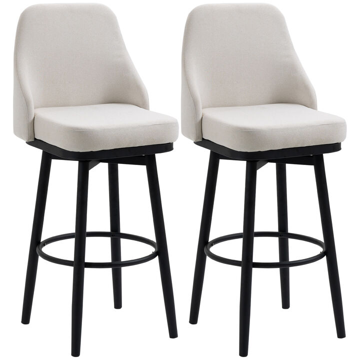 HOMCOM Bar Height Bar Stools Set of 2, Modern 360° Swivel Barstools, 29.5 Inch Seat Height Upholstered Kitchen Chairs with Steel Legs and Footrest, Cream White