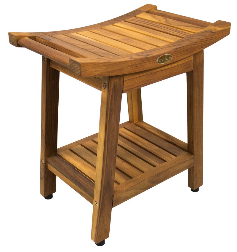 EcoDecors 18" Eleganto Gold Solid Teak Shower Bench with Shelf image number 0