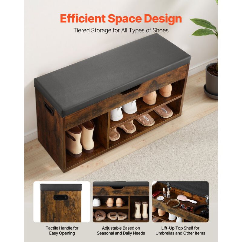 Entryway Shoe Bench with Lift Top Storage, Cushion Seat & 3 Cabinets Organizer image number 4