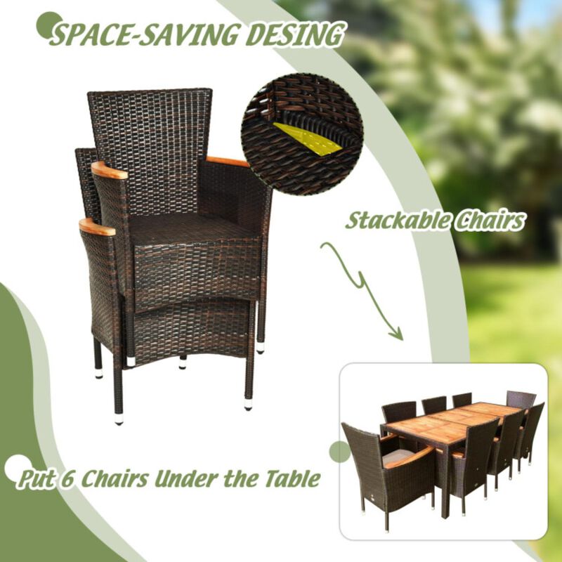 Hivvago 9 Pieces Rattan Dining Set with Acacia Wood Table and Stackable Cushioned Chairs