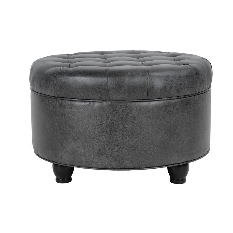 Gery Storage Ottoman, 25 Inch Round Tray Top, Dark Gray Faux Leather