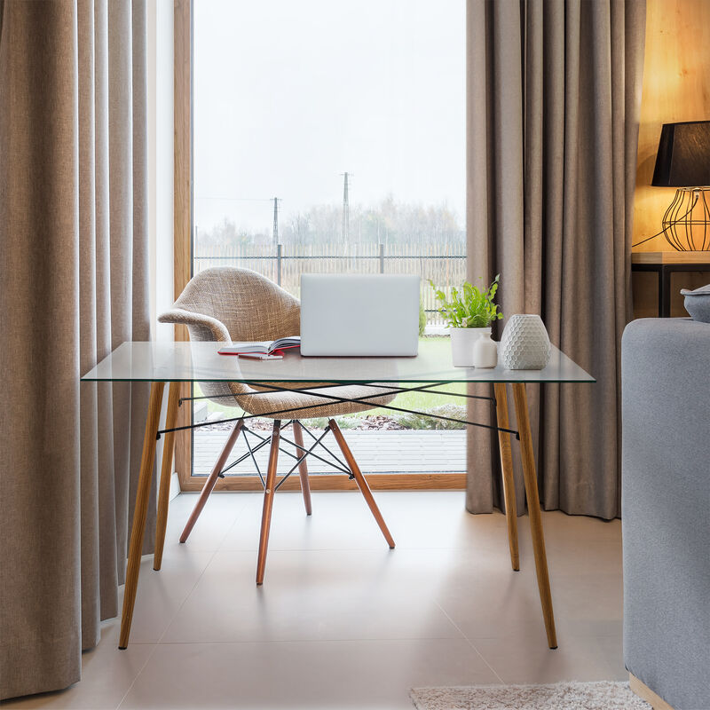 Minimalist Glass Top Dining Table with Wood Base, Natural image number 5