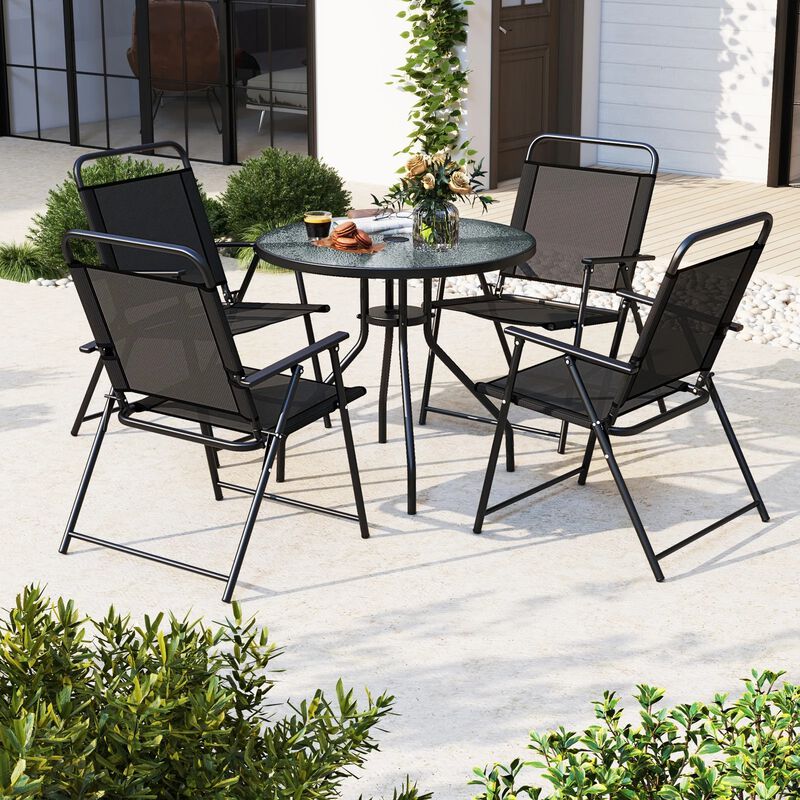 Mondawe 6 Pcs Outdoor Dining Set,4 Folding Chairs & Tempered Glass Table With Adjustable Umbrella