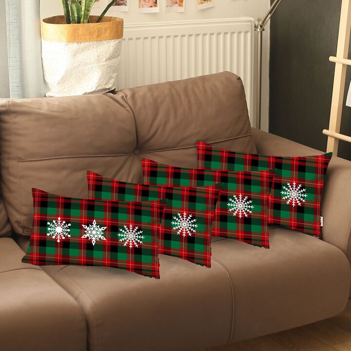 Homezia Set of 4 Christmas Snowflake Trio Plaid Lumbar Throw Pillows