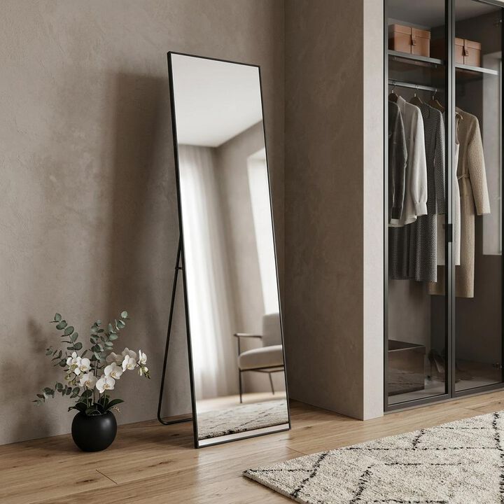 HomeRoots 59" Black Aluminum Freestanding And Wall Mounted Framed Full Length Mirror