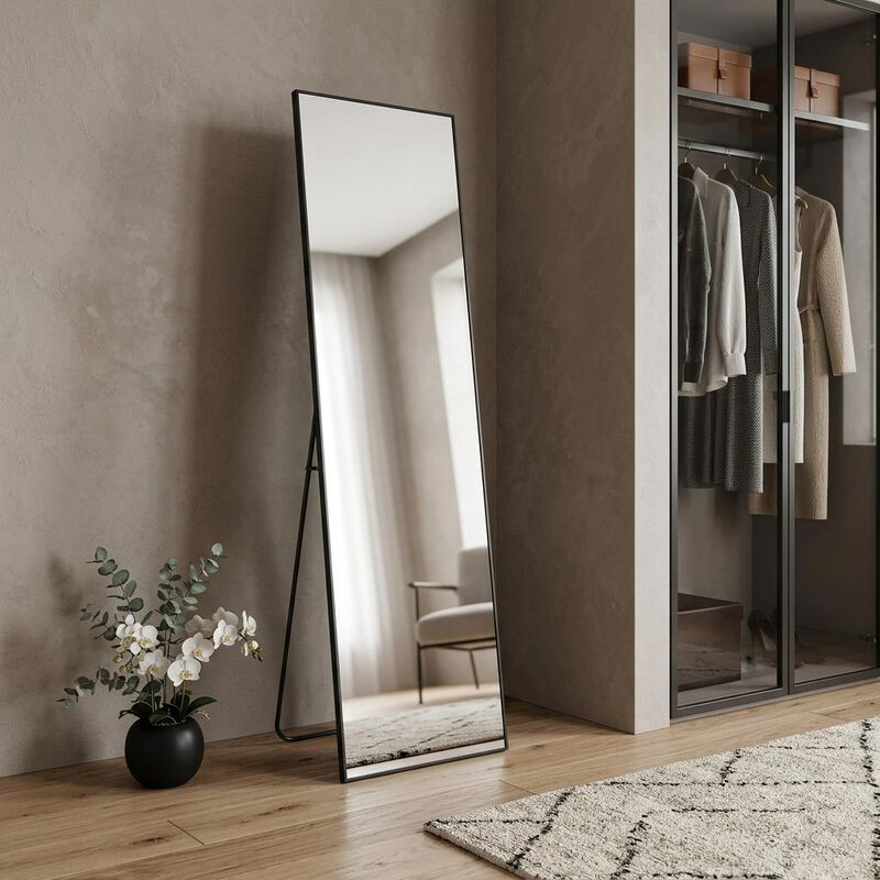 HomeRoots 59" Black Aluminum Freestanding And Wall Mounted Framed Full Length Mirror image number 1
