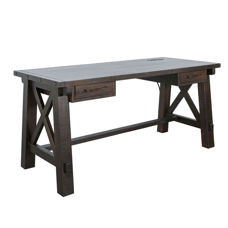 Anva Writing Desk, 58 Inch with Power Plug, Dark Brown Solid Mahogany image number 0