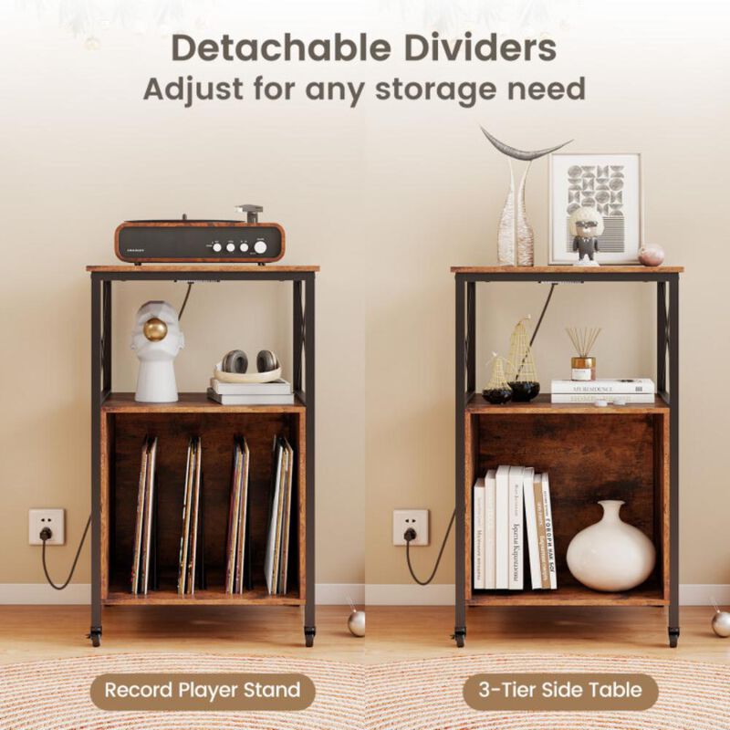 Hivvago Mobile Record Player Stand with Power Outlet with Open Shelf and Dividers