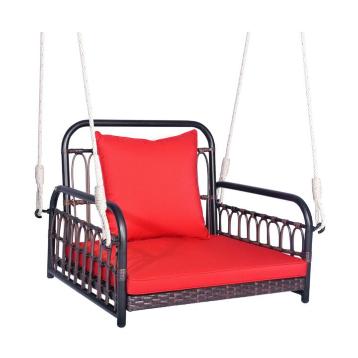 Hivvago Patio Rattan Porch Swing Hammock Chair with Seat Cushion-Red