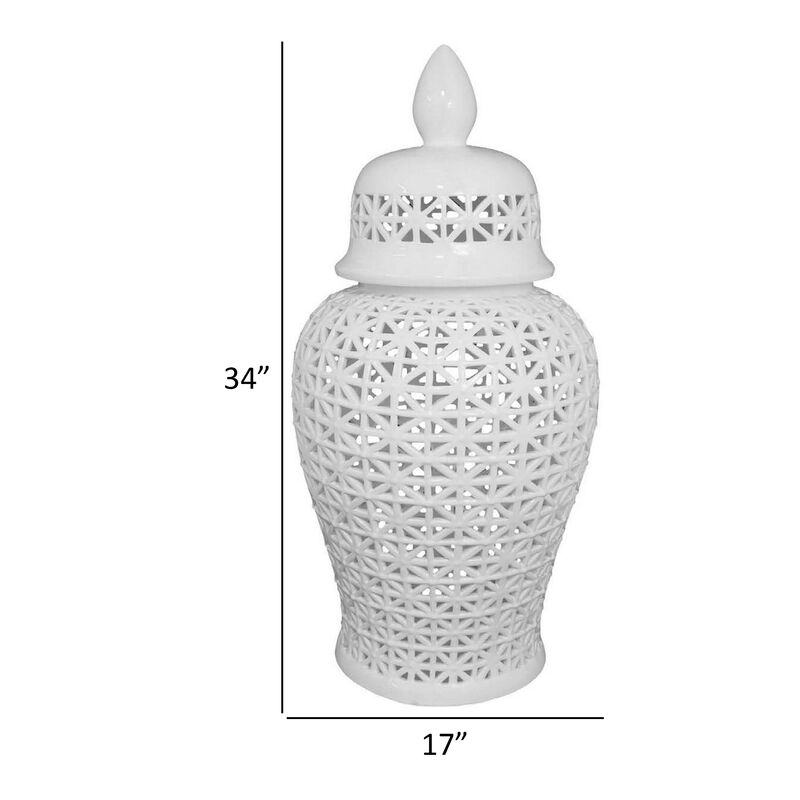 Paul 34 Inch Pierced Temple Jar with Lid, Intricate Pattern Ceramic, White - Benzara