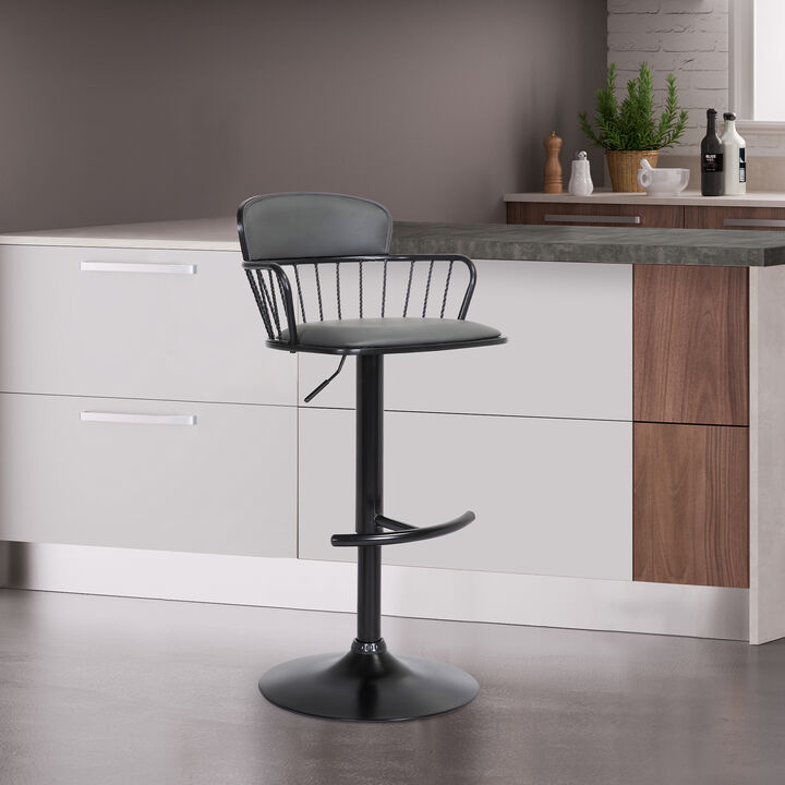 Nash Adjustable Black Wood Stool in Grey Faux Leather with Black Metal