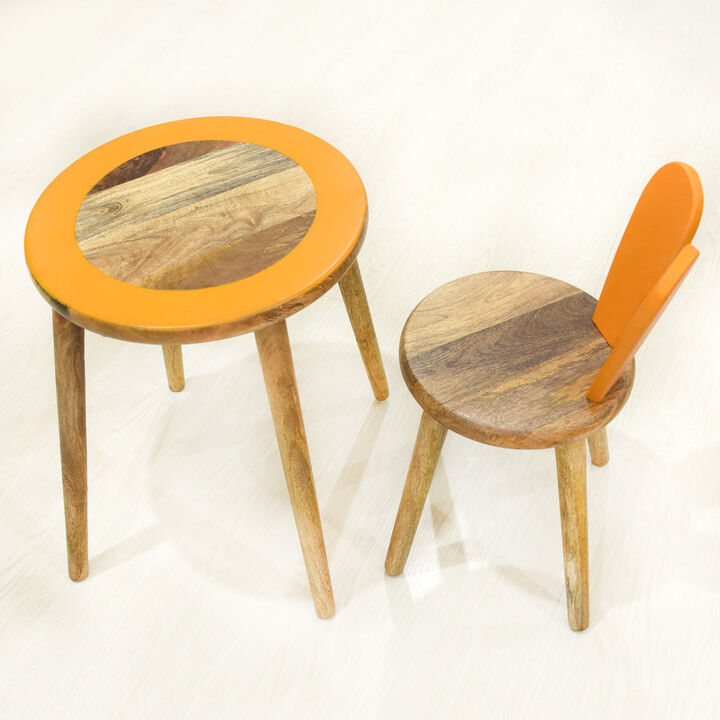Handmade 100% Mango Wood Kids Orange Color Round Shaped Rabbit Theme Indoor Table & Chair