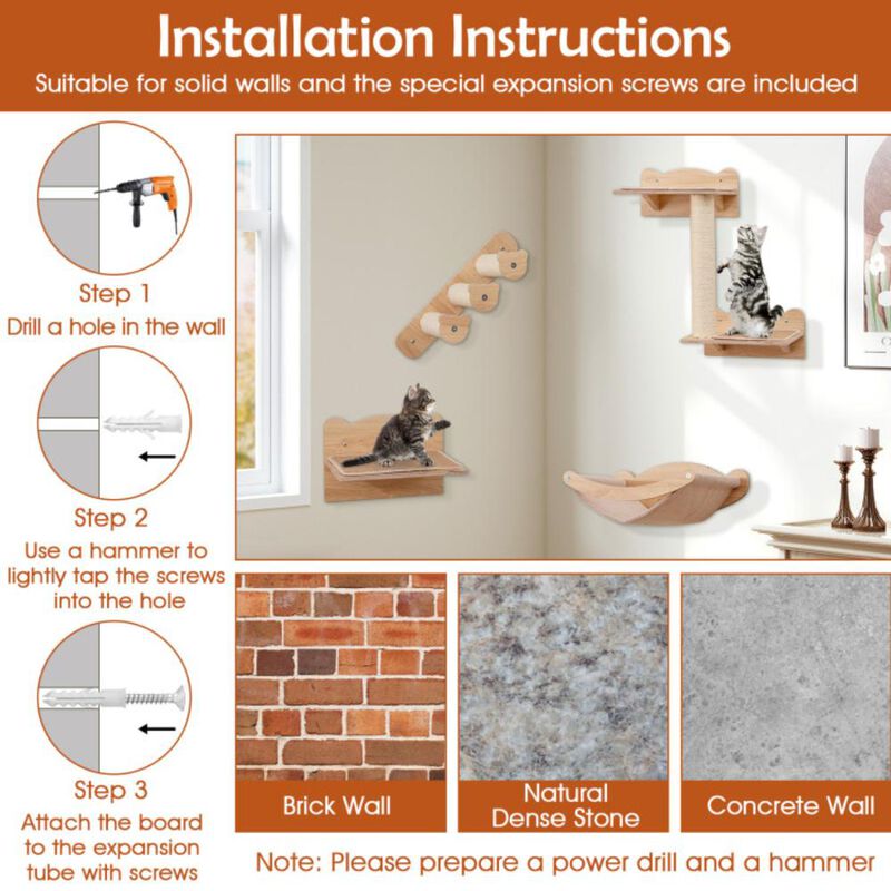 Hivvago Cat Wall Furniture Set of 4 with Hammock 2-step Cat Tree and Perch