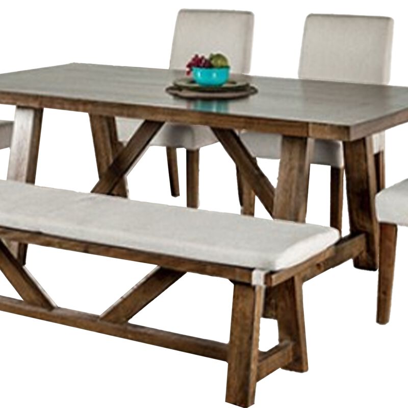 Jule 6pc Dining Set, Brown Rectangular Table, Chairs, Bench w White Seats - Benzara