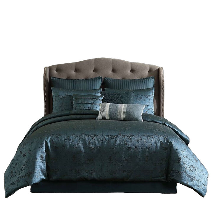 Beny 9pc King Size Comforter Set, Dark Turquoise Blue Woven Jacquard
