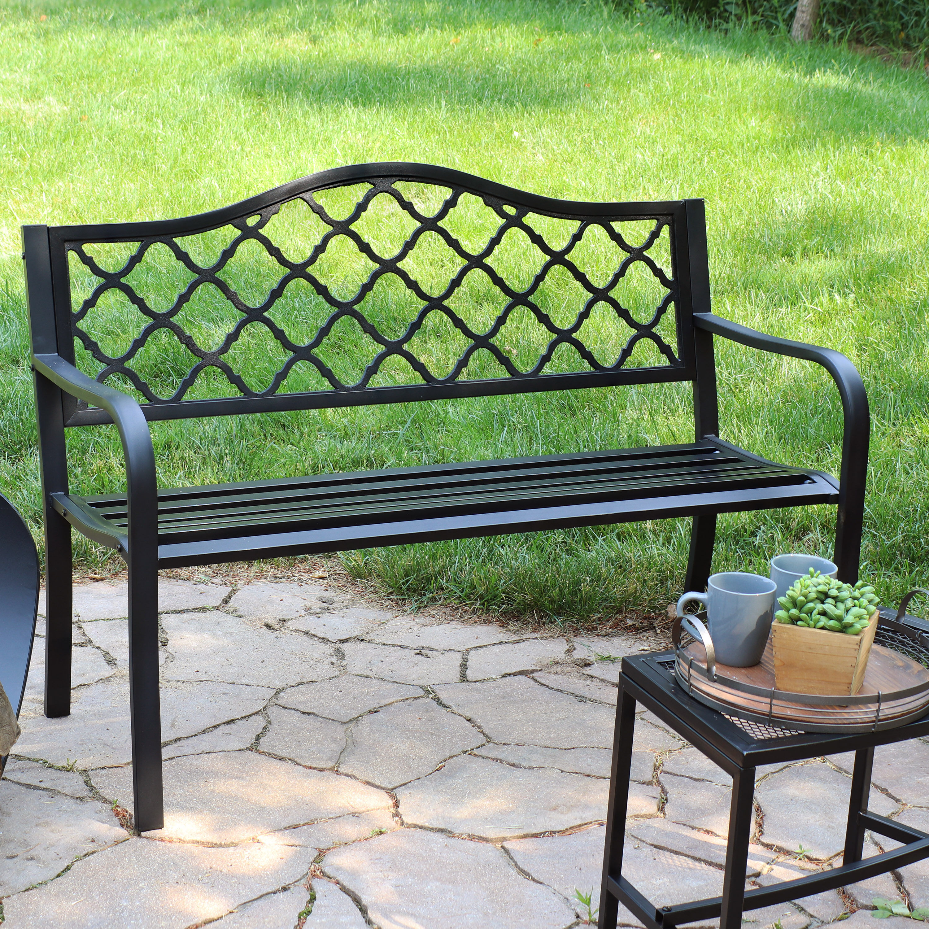 Sunnydaze 2-Person Lattice Cast Iron Outdoor Garden Bench - Black