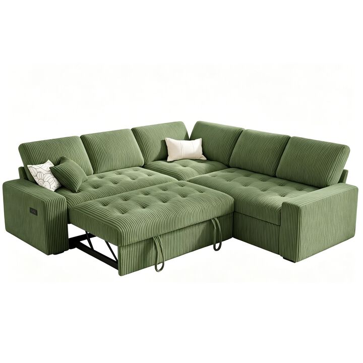 Vipbear 80.7" L-Shaped 5-Seat Corduroy Convertible Sectional Sleeper Sofa with Pull-Out Bed, Storage