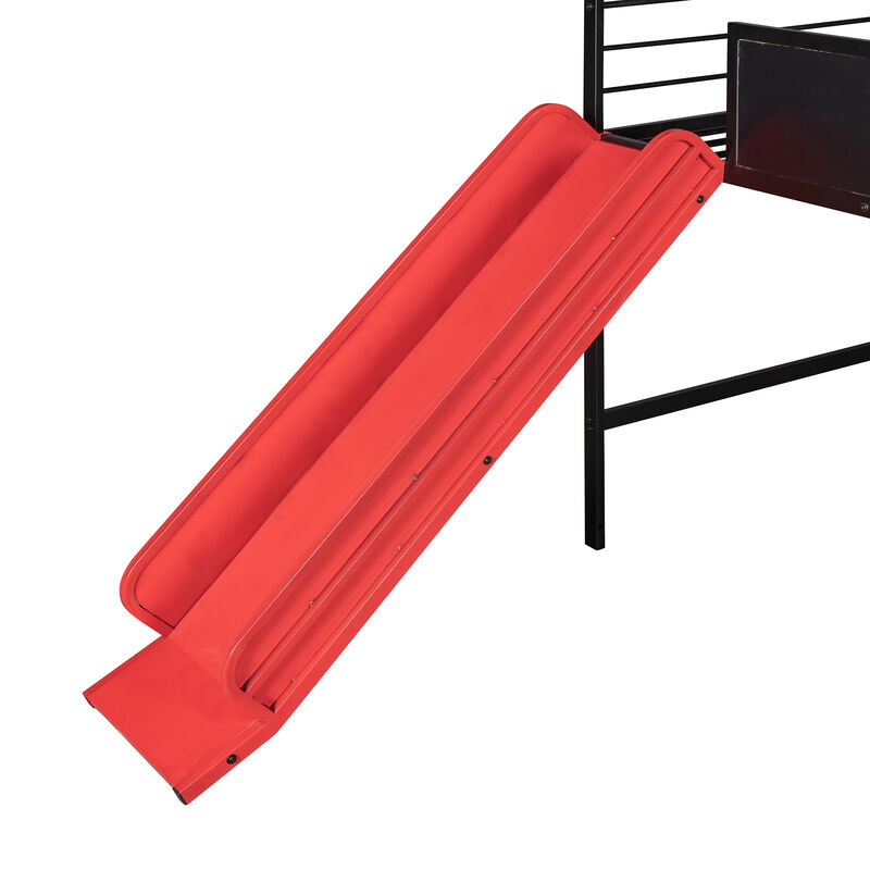 Whisen Metal House Bed With Slide, Twin Size Metal Loft Bed with Two-sided writable Wooden Board - Black and Red