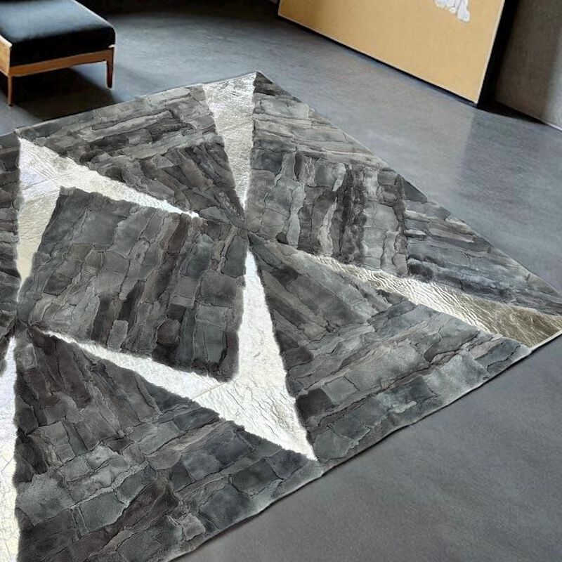 Modern Geometric Rex Rabbit Fur Area Rug in Grey and White, Soft Shaggy Rectangular Carpet, Luxury Hair Fur Living Room Rug, Custom Handmade image number 5