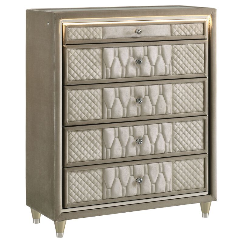 Maren Tall Dresser Chest, 5 Drawers and LED Light, Ivory Tufted Velvet image number 2
