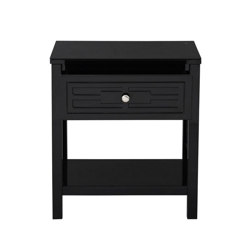Fimo 27 Inch Nightstand with Drawer and Shelf, Glass Top, Modern Black Wood - Benzara