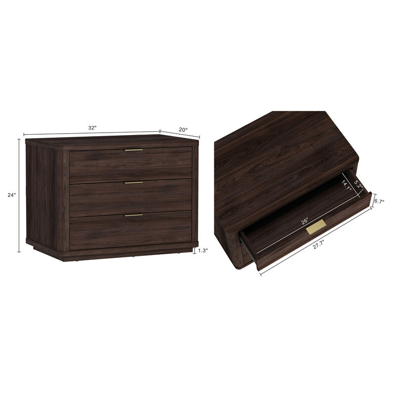 Evelyn Wide 3-Drawer Nightstand in Brown