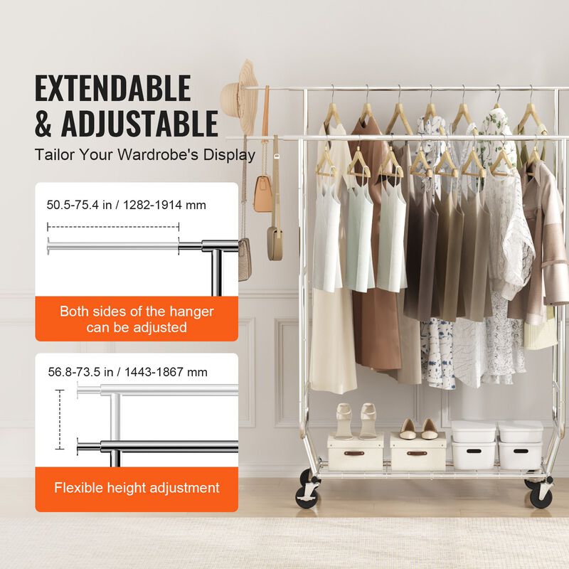 Heavy Duty Garment Rack with Double Rods, Adjustable Height, and Bottom Storage