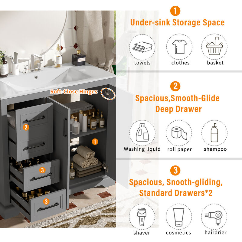 Whisen 36" Modern Bathroom Vanity with Ceramic Sink, Soft-Close Door, Adjustable Shelf & 3 Drawers