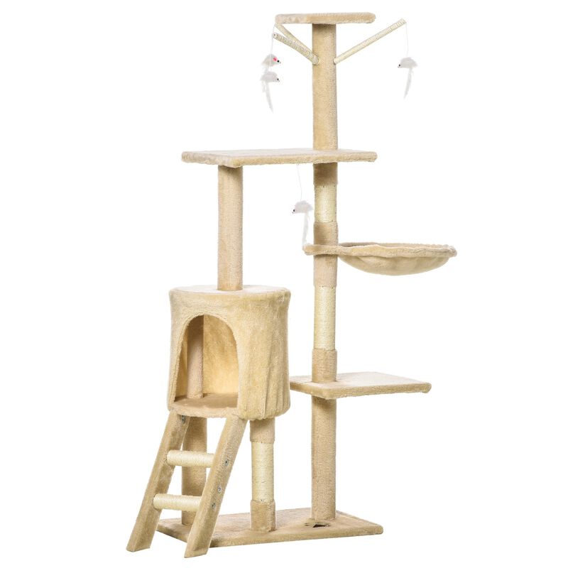Moderm Cat Tree 52" Plush Sturdy Interactive Cat Condo Tower Scratching Post Activity Tree House Beige