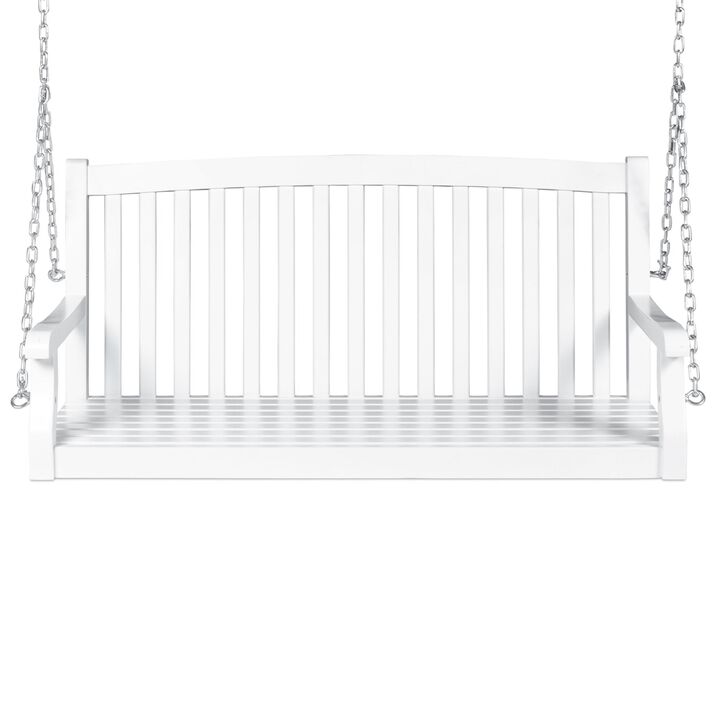 Hivvago White Acacia Wooden Curved Back Hanging Porch Swing Bench with Mounting Chains