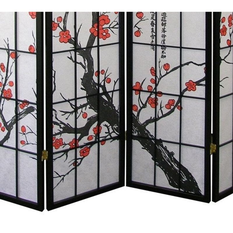 Streamdale Black Japanese 4-Panel Screen Room Divider, Plum Blossom image number 2