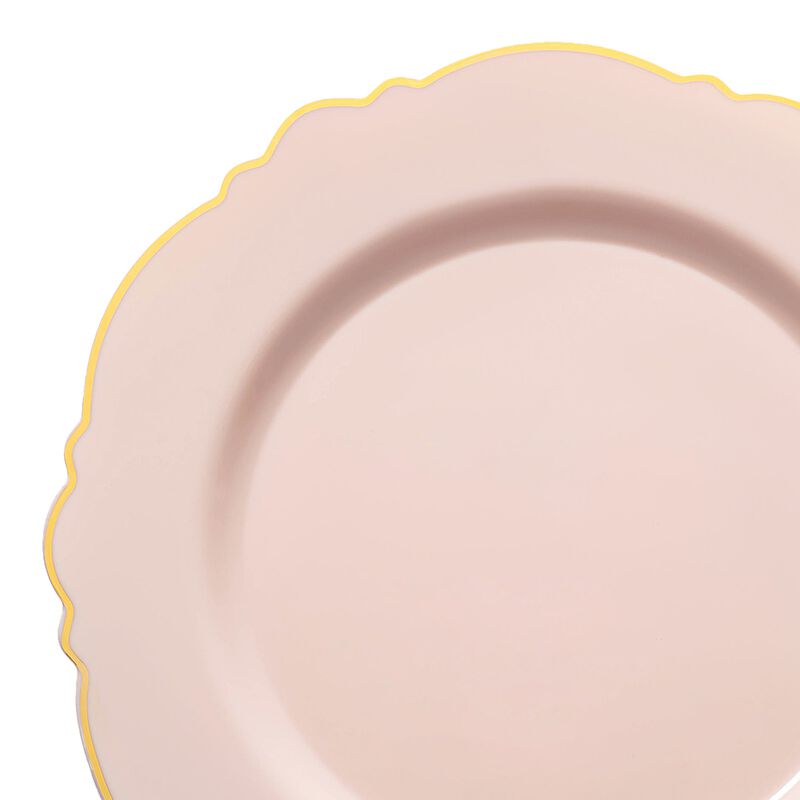 10.25" Pink with Gold Rim Round Blossom Plastic Dinner Plates (120 Plates) image number 8