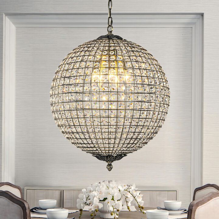 5 Lights W20 in Vintage Crystal Chandelier with Sphere Globle Shade in Antique Gold Retro Pendant Light for Dining Room Living Room