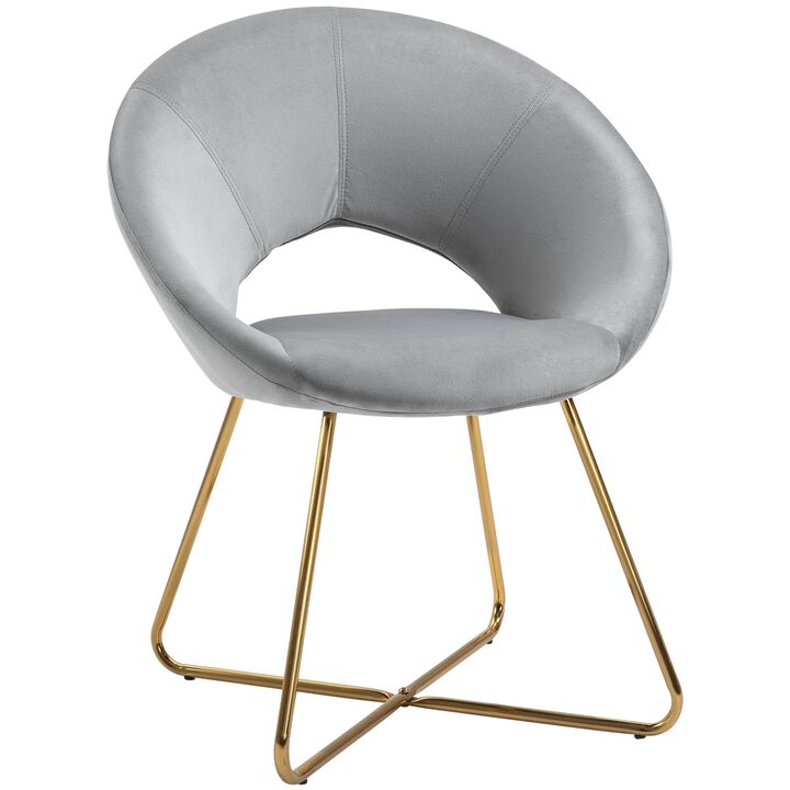 Modern Accent Velvet Chair Open Curved Mid-Back Upholstered Vanity Chair with Gold Plating Metal Legs for Living Room/Office/Reception, Grey