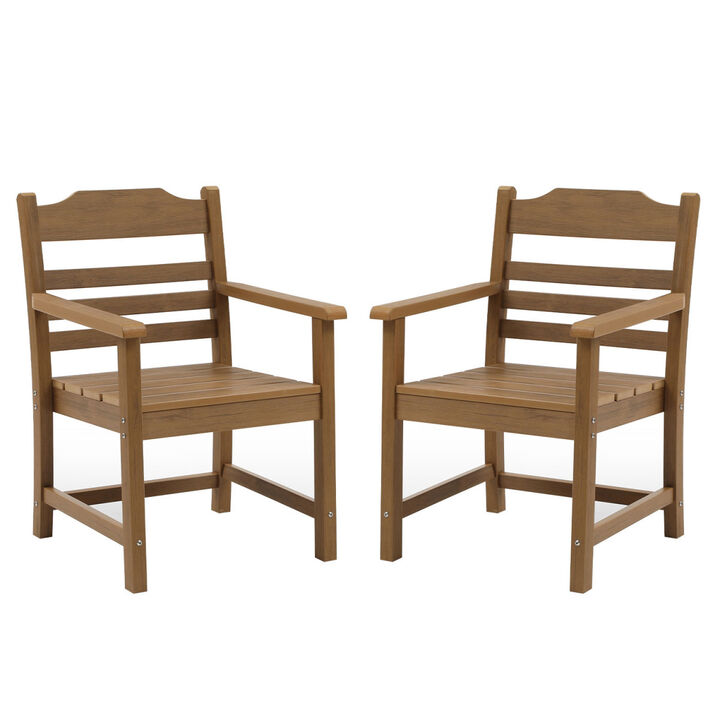 Patio Dining Chair with Armrest Set of 2, HIPS Materialwith Imitation Wood Grain Wexture, Teak
