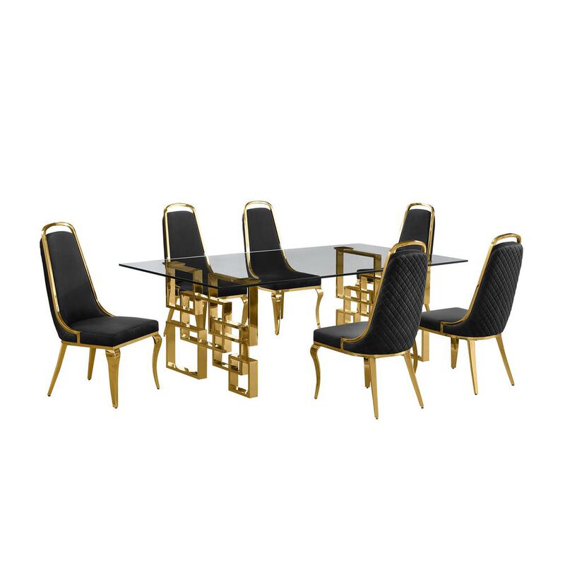 7-piece glam dining set with 6 Black side chairs and one 95" glass dining table
