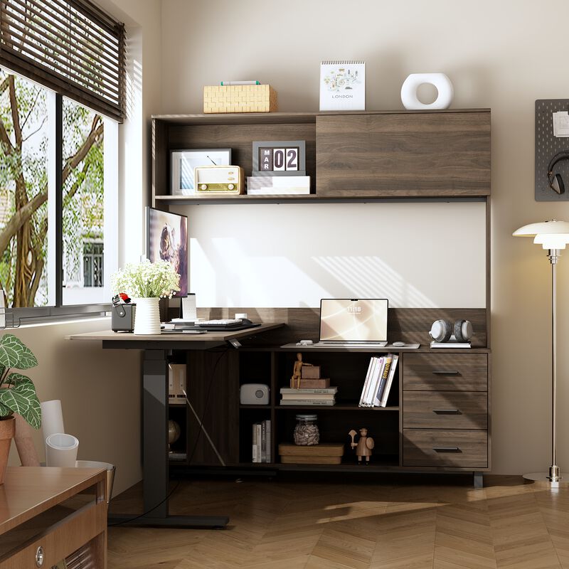 FUFU&GAGA L-Shaped Standing Desk with Hutch &ndash; Adjustable Height Computer Desk with Storage Drawers & Shelves, (63" W x 68.3" H x 63" D), Rustic Brown image number 4
